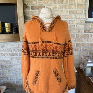 Orange fringe alpaca hoodie sweater size S